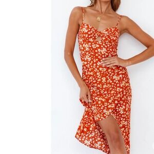 NEW Fortunate One CATHE Rust Floral Midi Dress Women MEDIUM SWEETHEART KEYHOLE